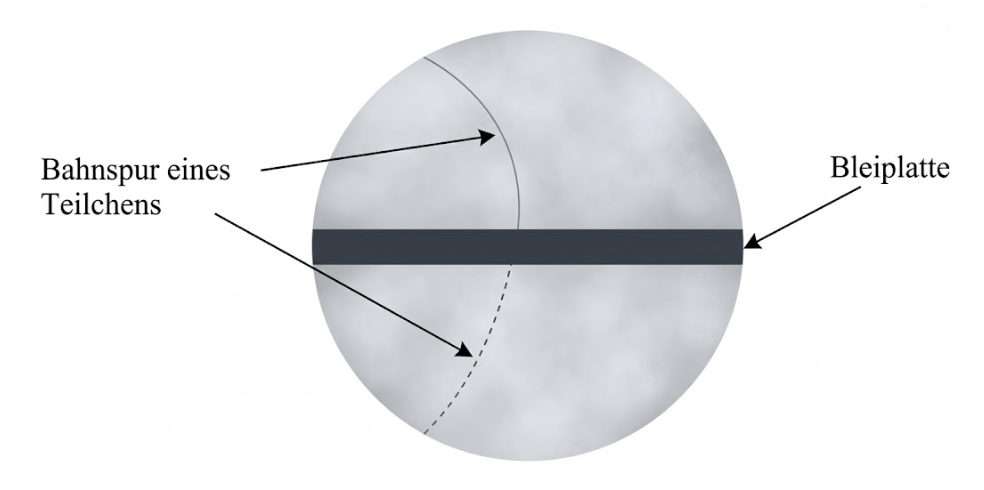 Schematische Kreisdarstellung mit horizontaler Bleiplatte in der Mitte und zwei markierten Teilchenspuren (durchgezogen und gestrichelt)